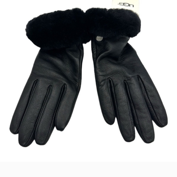 UGG Womens Shearling-Trim cuff Black leather Shorty Gloves Size Large - Picture 5 of 12